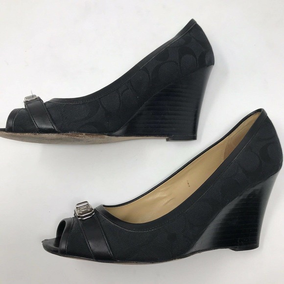 Coach Thea Wedge Heel Pumps Black Peep Toe - Picture 6 of 8